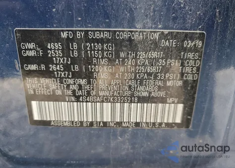 2019 Subaru Outback 2.5I Premium z USA, uszkodzony, nr VIN 4S4BSAFC7K3325218